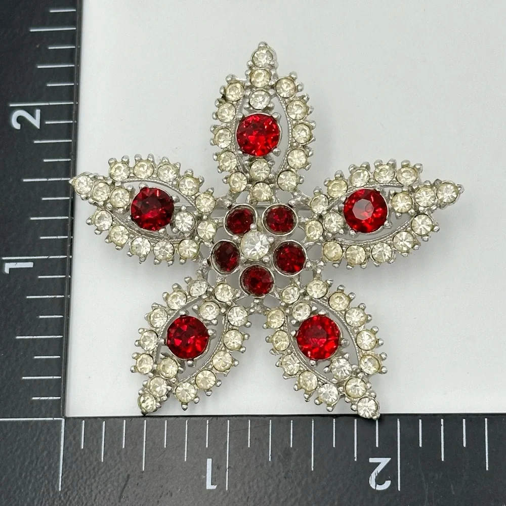 Bogoff Vintage Signed 5 Point Star Clear & Red Rhinestone Brooch